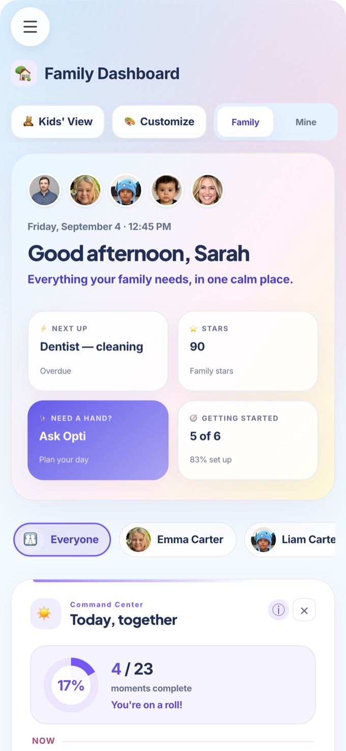 OptiAI Family Dashboard with member avatars, what needs attention today, and family stars