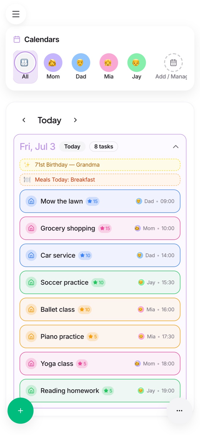 OptiAI shared family calendar with color-coded members and today's tasks