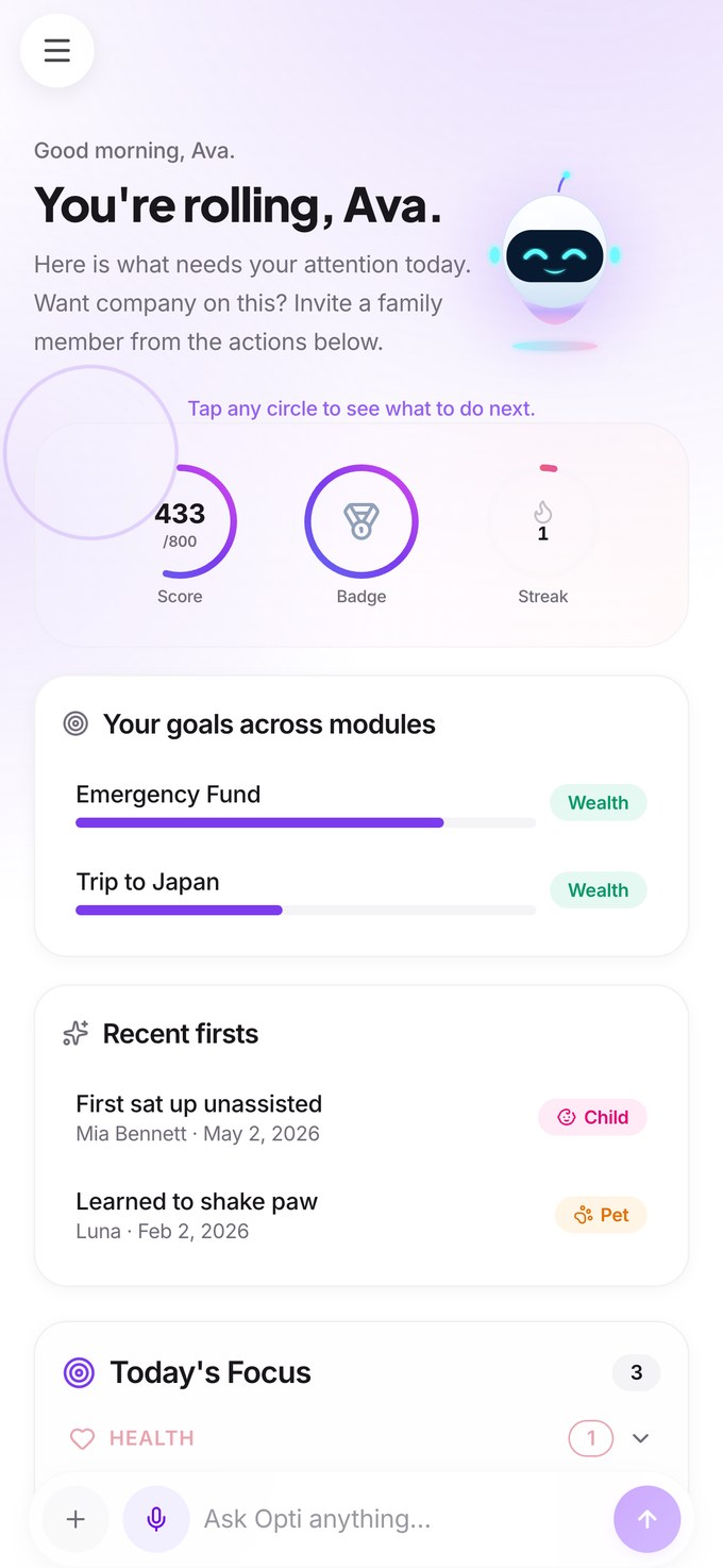 Ask Opti home with the Opti Score, goals, and today's focus
